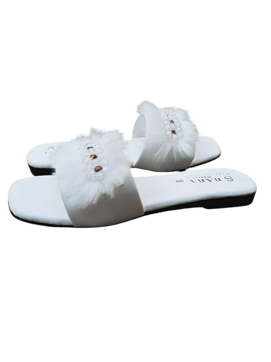 White Fluffy Slippers with Crystal Embellishments for Women