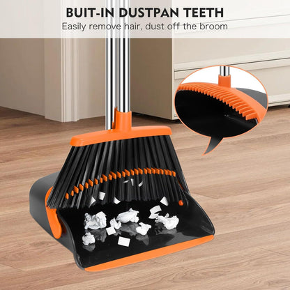 Broom and Dustpan Set Adjustable Handle Broom with Dustpan Combo Set with Dustpans Teeth to Automatically Clean Hair Suitable for Home Kitchen Office Hall Lobby