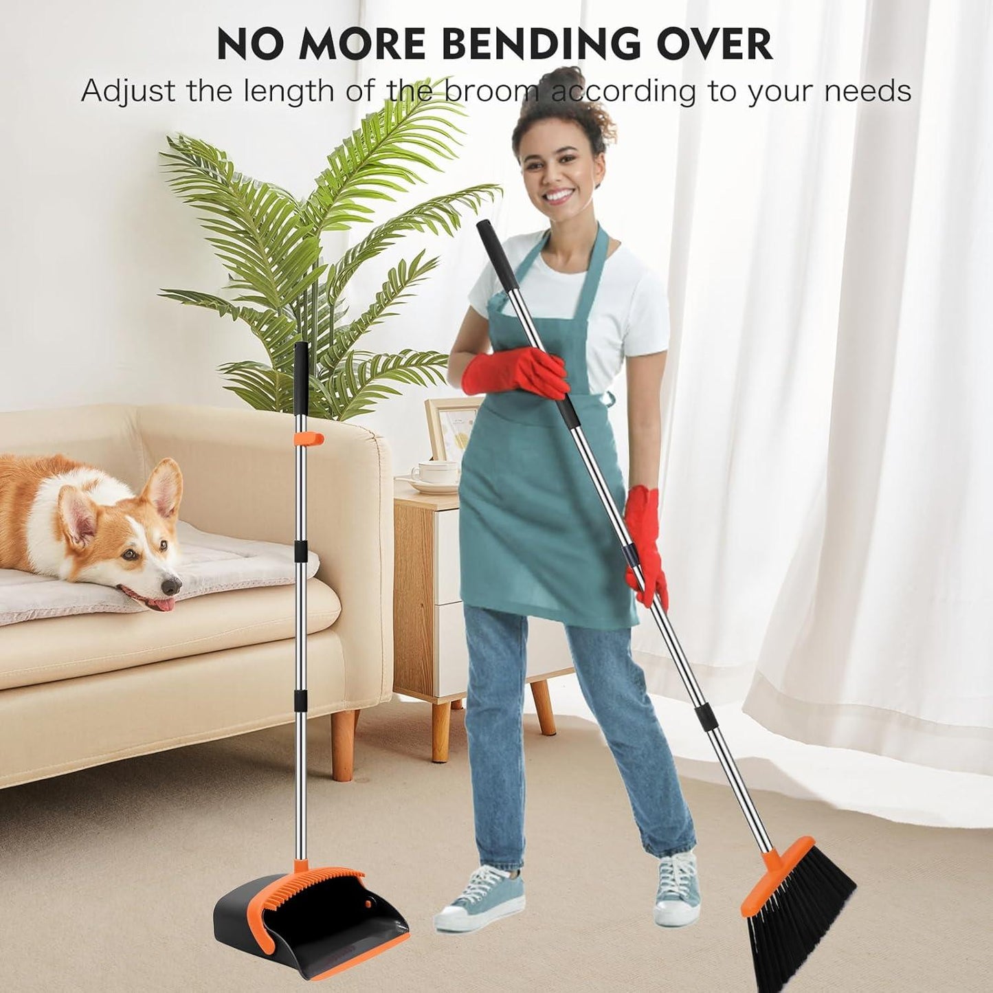 Broom and Dustpan Set Adjustable Handle Broom with Dustpan Combo Set with Dustpans Teeth to Automatically Clean Hair Suitable for Home Kitchen Office Hall Lobby