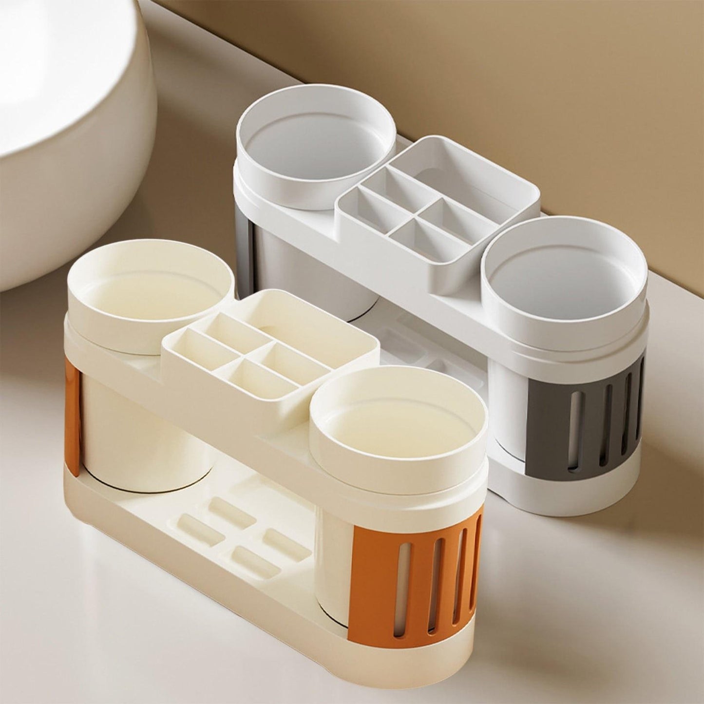 Toothbrush Holders for Bathrooms Toothbrush Holder with 2 Cups Set Tooth Brush Toothpaste Caddy Storage Small Bathroom Countertop Organizer Stand