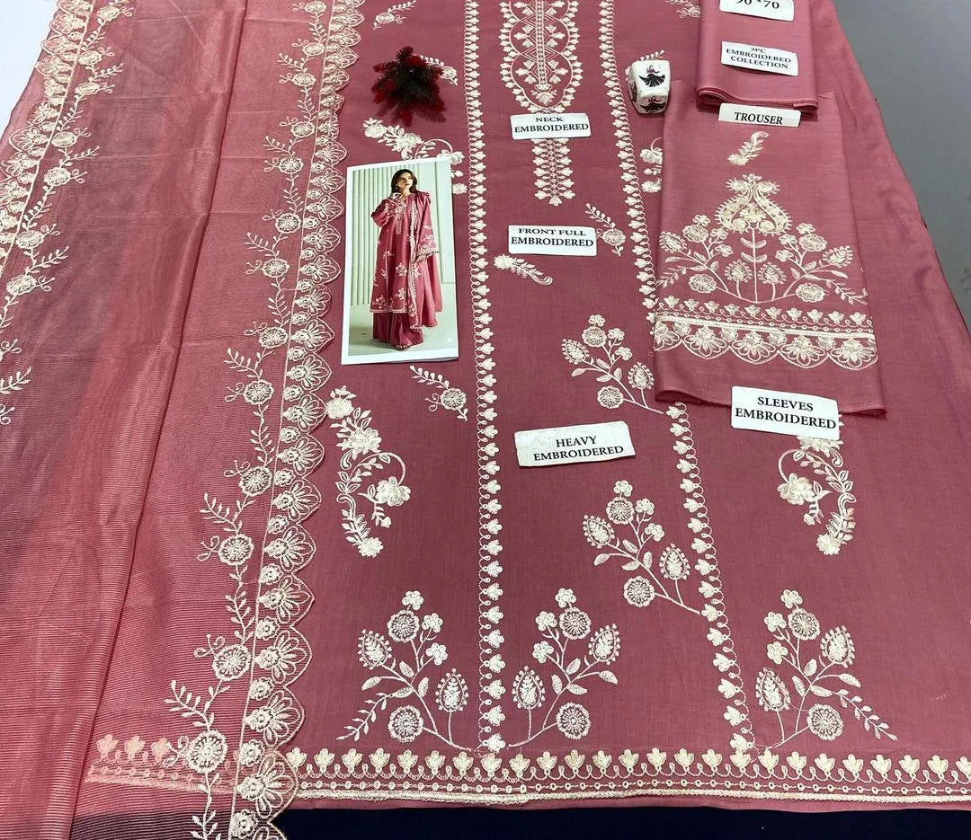 Pink Embroidered Lawn 3Pcs Set with Khaadi Dupatta