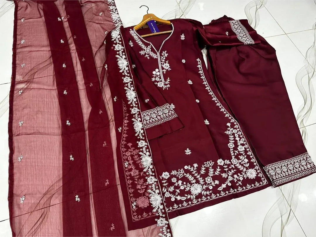 Farshi Embroidered Shirt with Farshi Shalwar & Dupatta 3Pcs