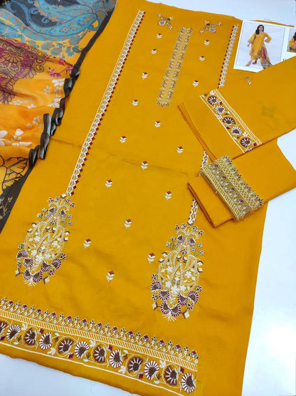 Mustard Embroidered Lawn 3Pcs Set