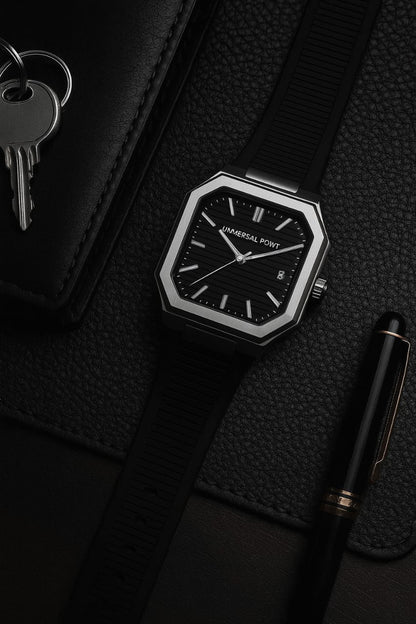 Universal Point UP 1988 – Square Dial Leather Strap Watch | Stainless Steel Case | Water Resistant 3 ATM (With Box)
