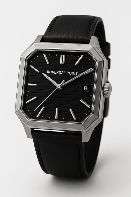 Universal Point UP 1988 – Square Dial Leather Strap Watch | Stainless Steel Case | Water Resistant 3 ATM (With Box)